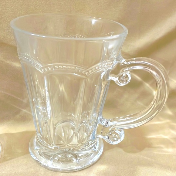 Set of 2 Vintage Glass Mugs Fleur De Lis Crystal Clear with Handle - W1125 - Picture 4 of 6